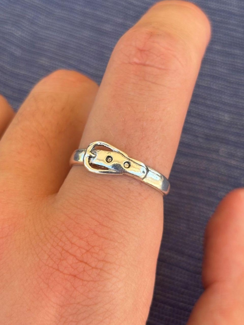 Belt Buckle Accent Silver Ring for Women - Shiny Silver Band